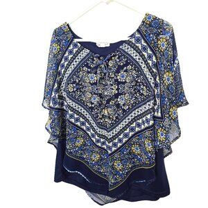 Westport Layered Floral Blouse Navy Yellow Size XL Bohemian Gypsy Top